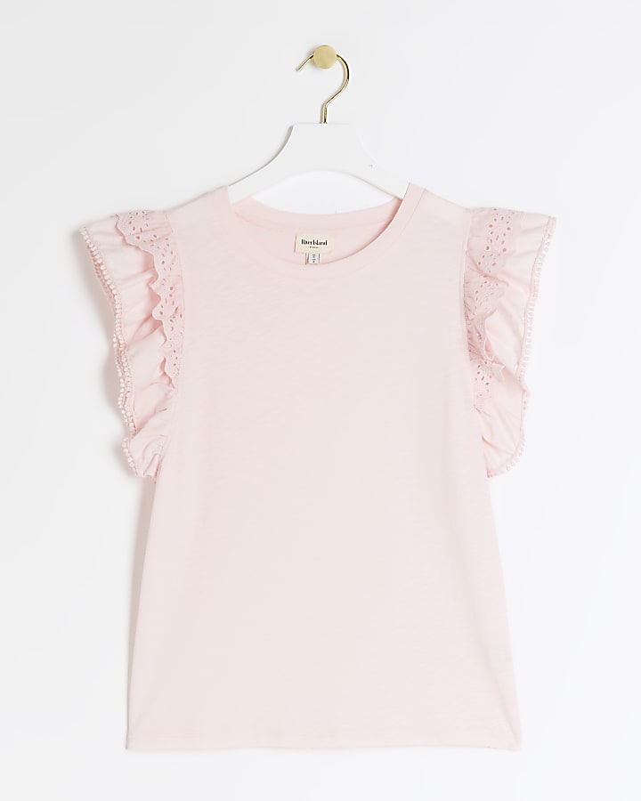 Pink broderie frill sleeve t-shirt
