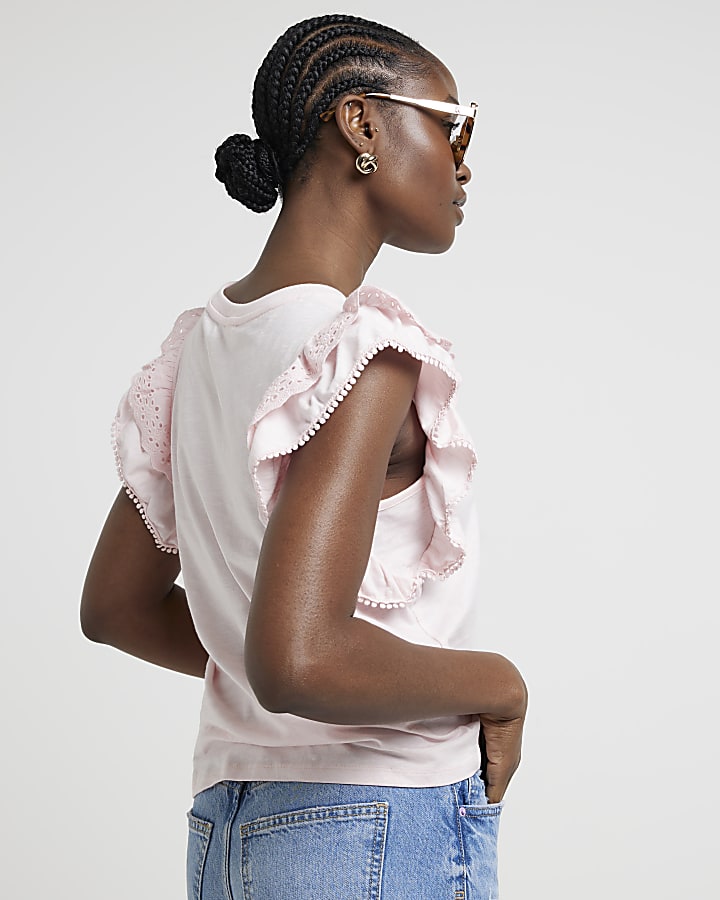 Pink broderie frill sleeve t-shirt