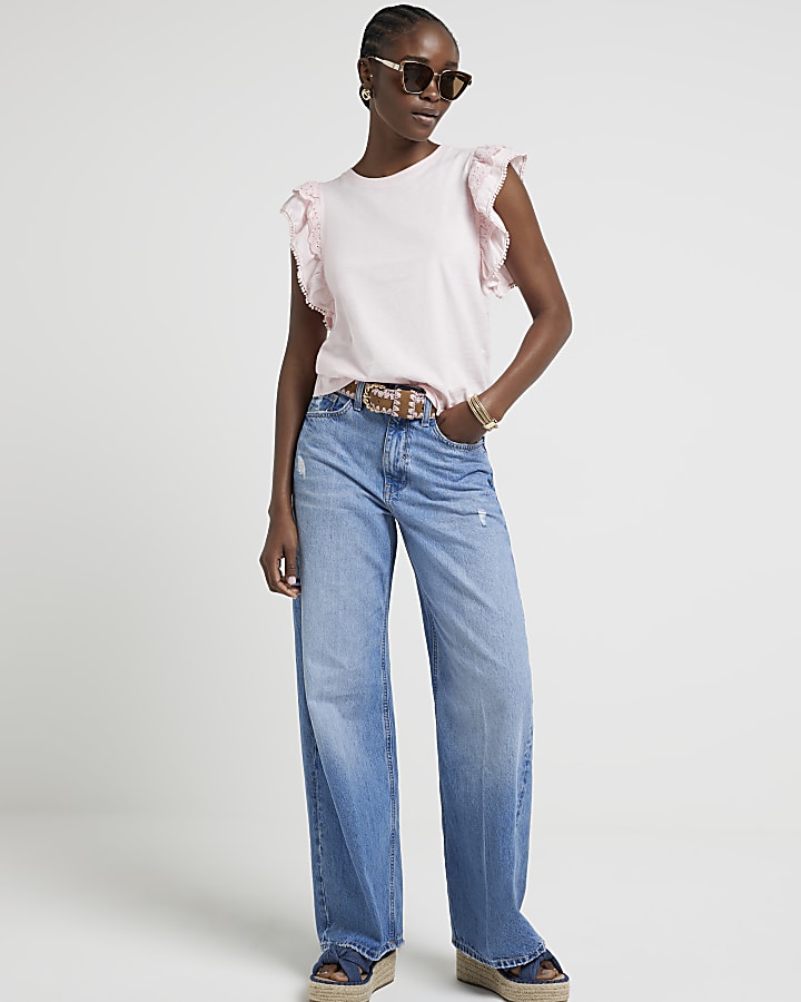 Pink broderie frill sleeve t-shirt