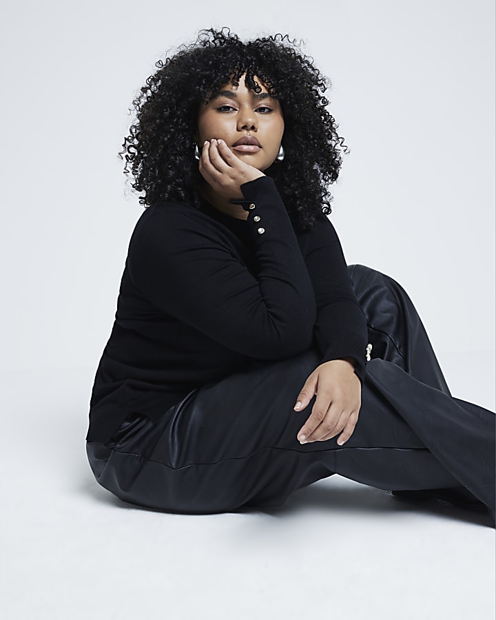 Plus Black fine knit long sleeve top