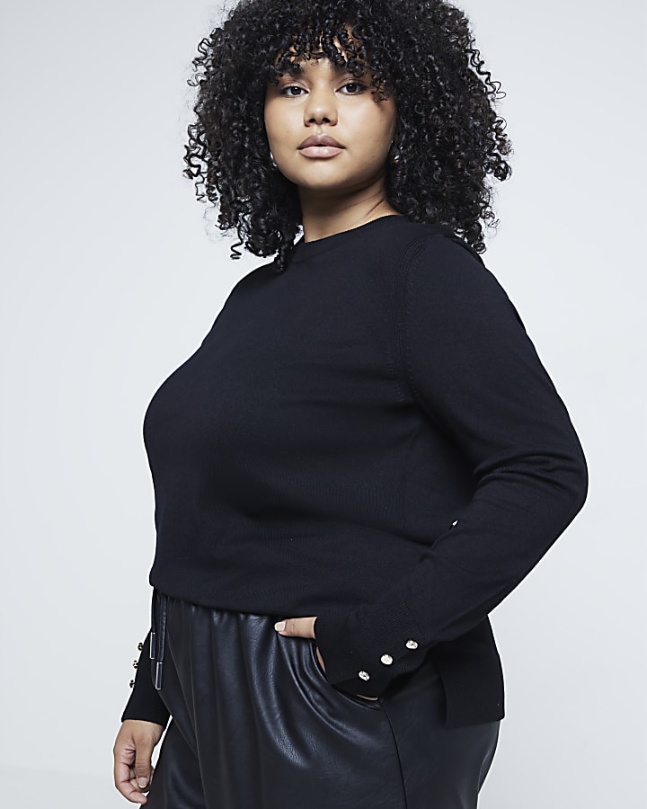 Plus Black fine knit long sleeve top