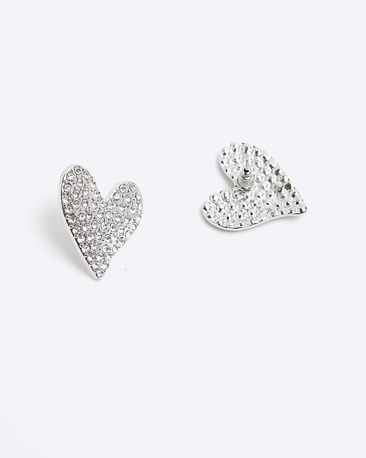 Silver heart stone studs