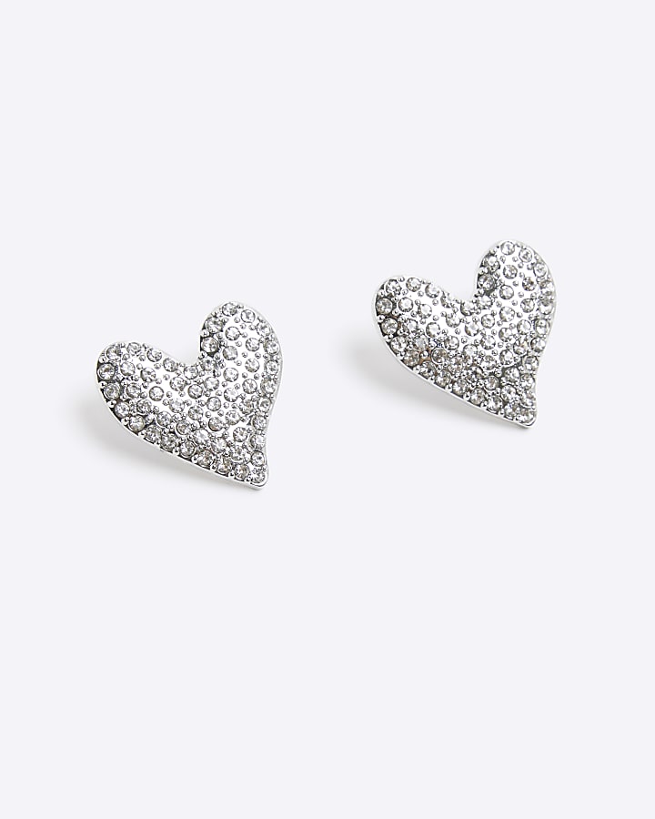Silver heart stone studs