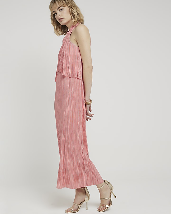 Coral plisse halter neck shift midi dress