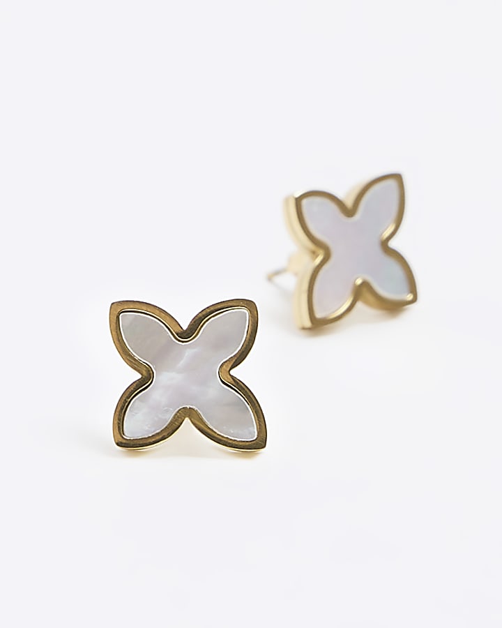 White Stainless Steel Petal Stud Earrings