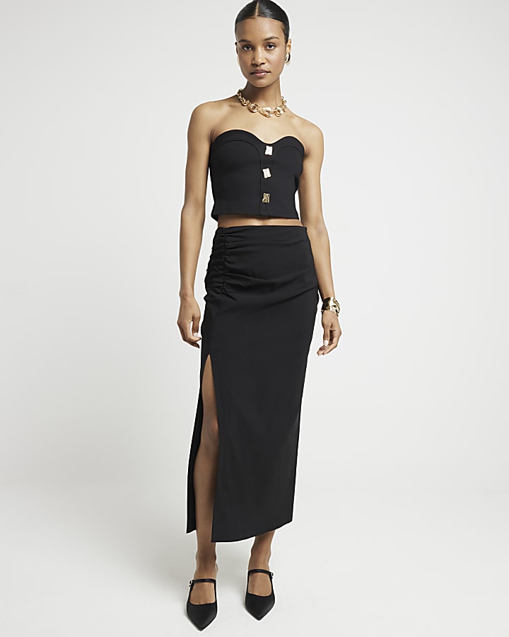 Black Ruched Side Midi Skirt