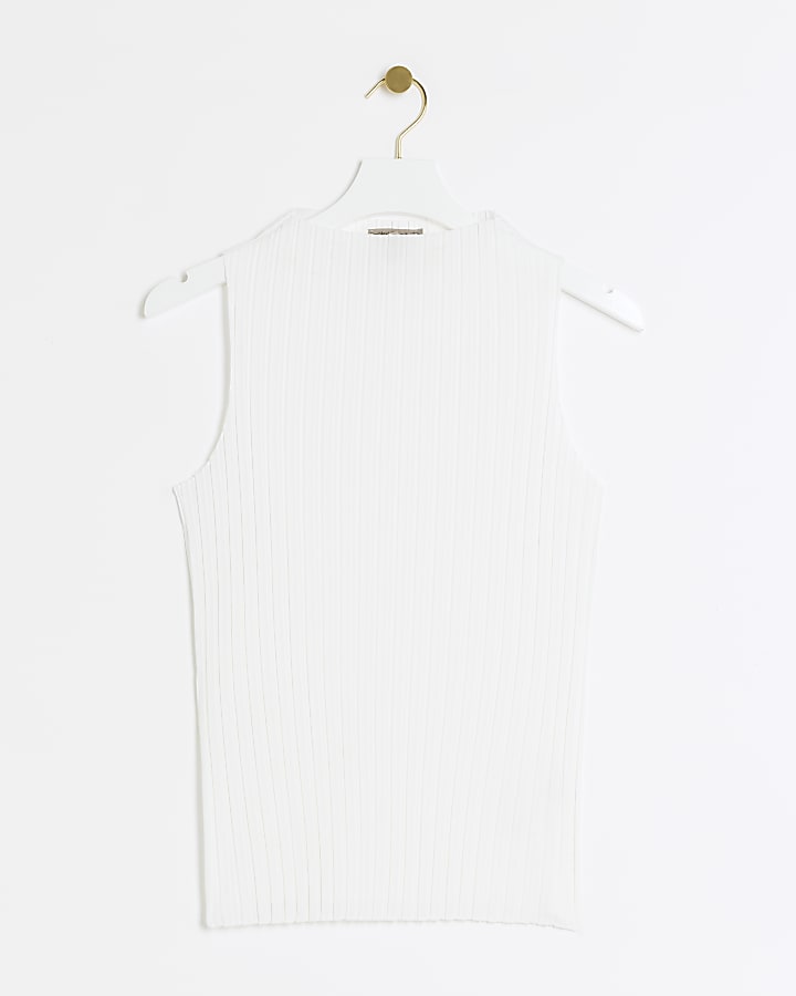 White Plisse High Neck Top