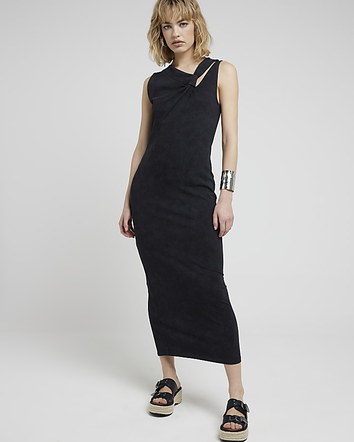Grey knot detail bodycon maxi dress