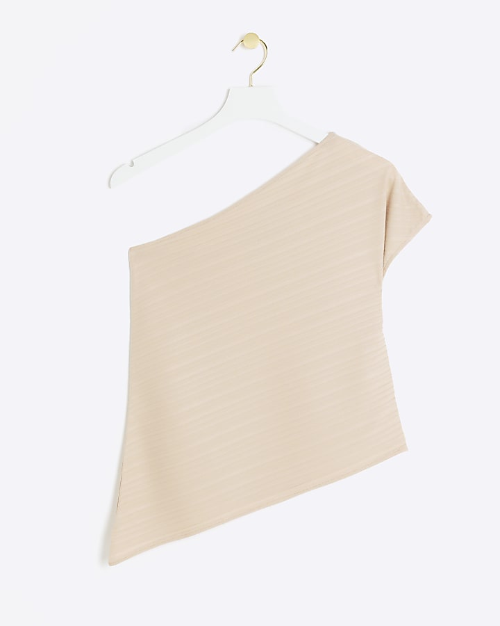 Beige Plisse Off Shoulder Top