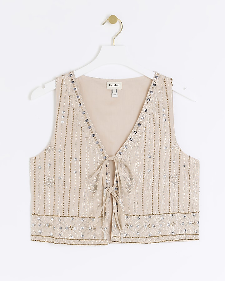 Beige embellished tie up waistcoat