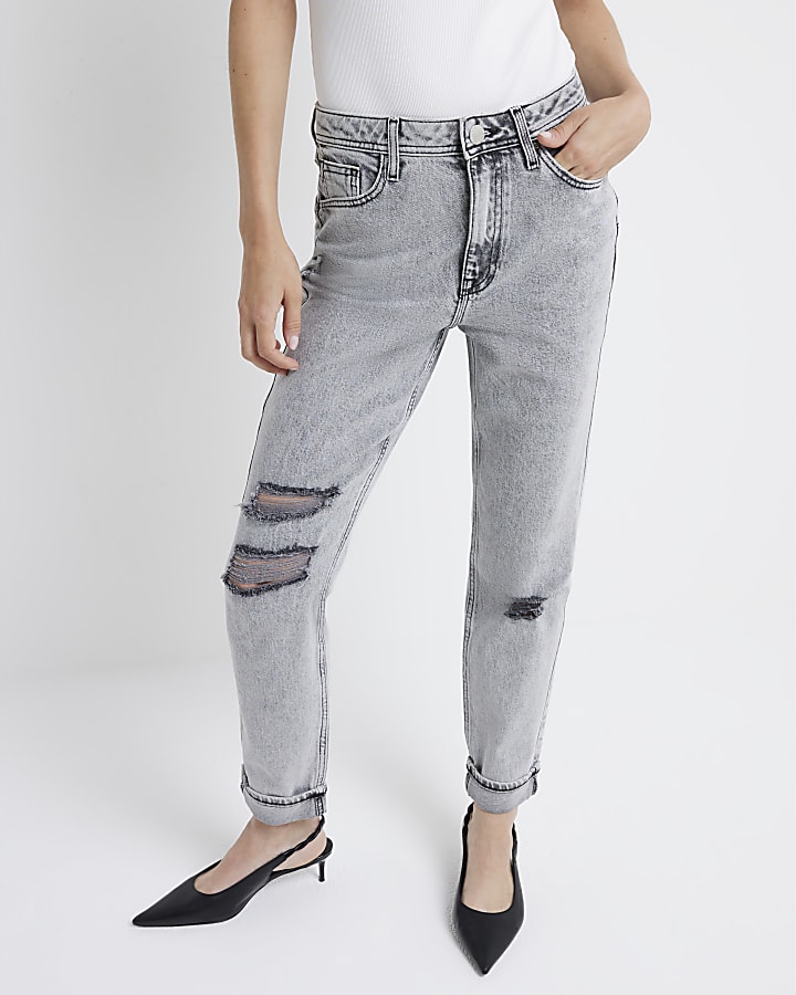 Grey high waisted bum sculpt ripped mom jeans