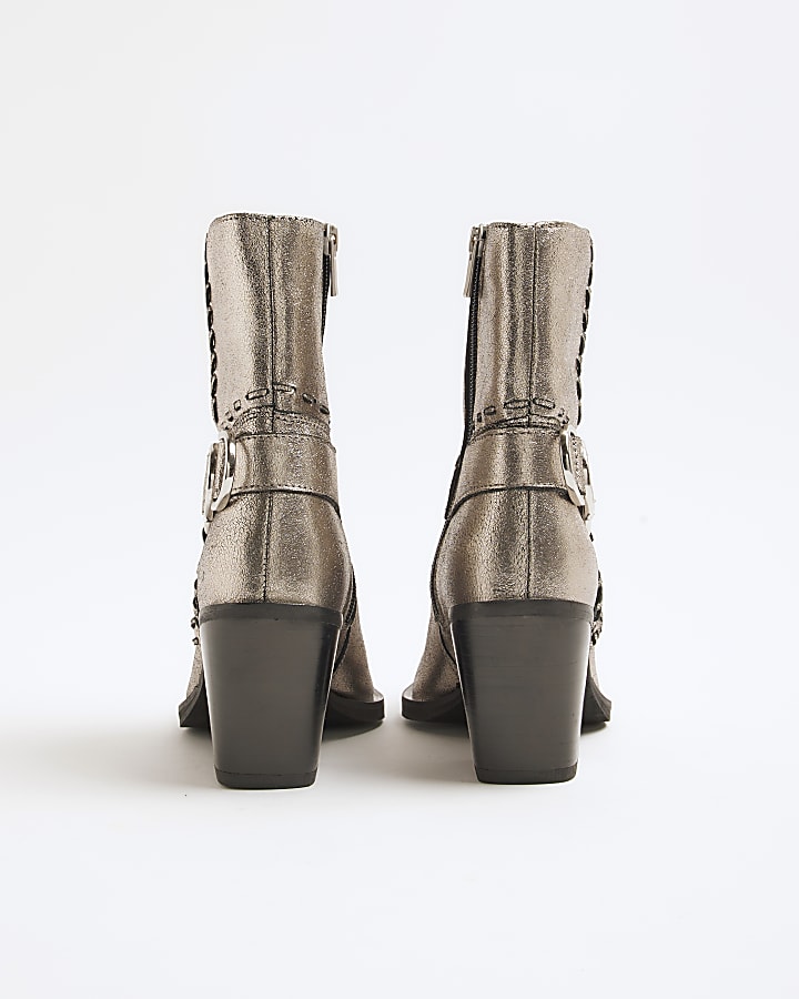 Silver Leather Western Heeled Ankle Boots