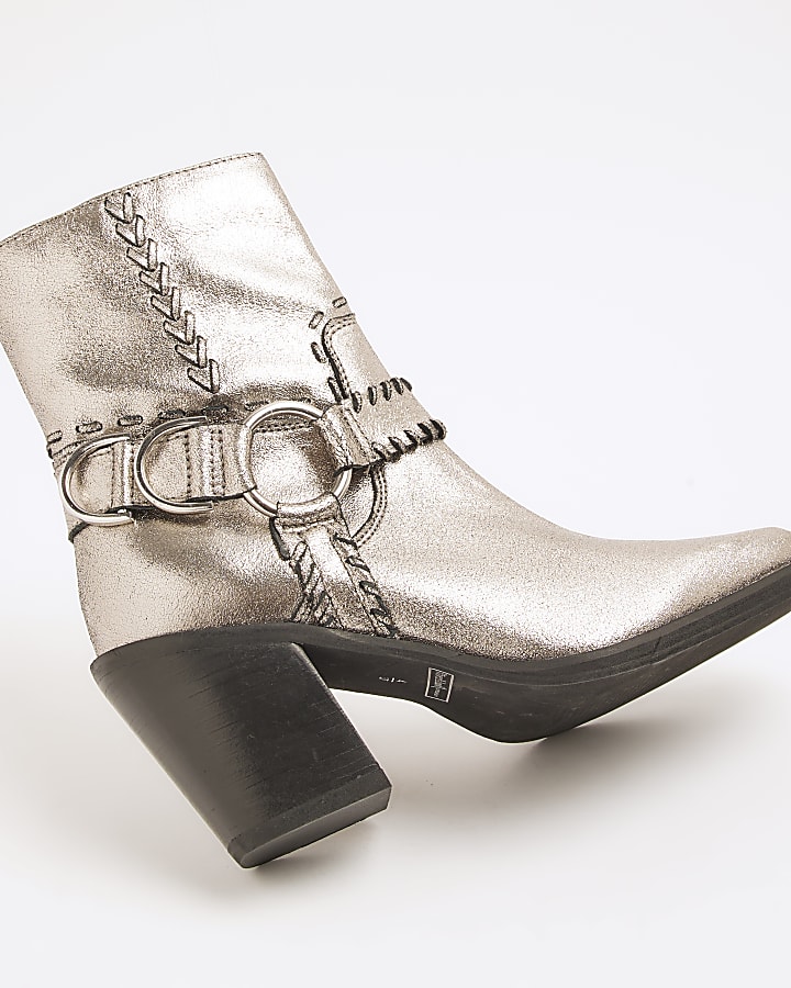 Silver Leather Western Heeled Ankle Boots