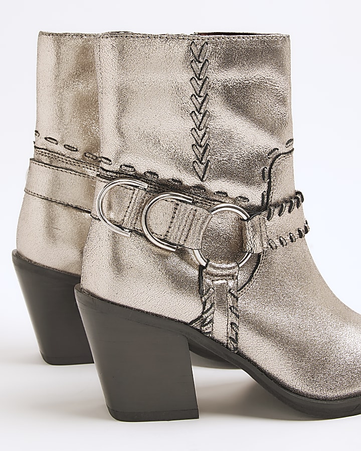 Silver Leather Western Heeled Ankle Boots