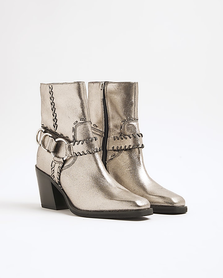 Silver Leather Western Heeled Ankle Boots