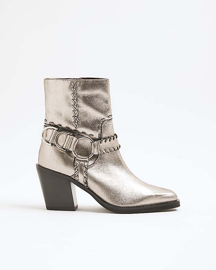 Silver Leather Western Heeled Ankle Boots