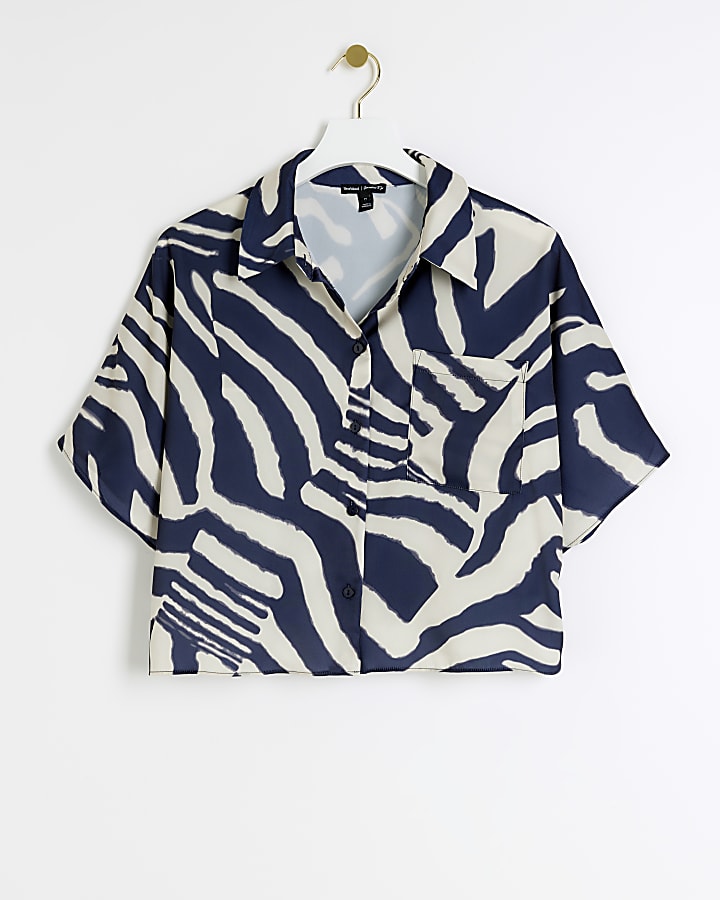 Navy satin animal print crop shirt