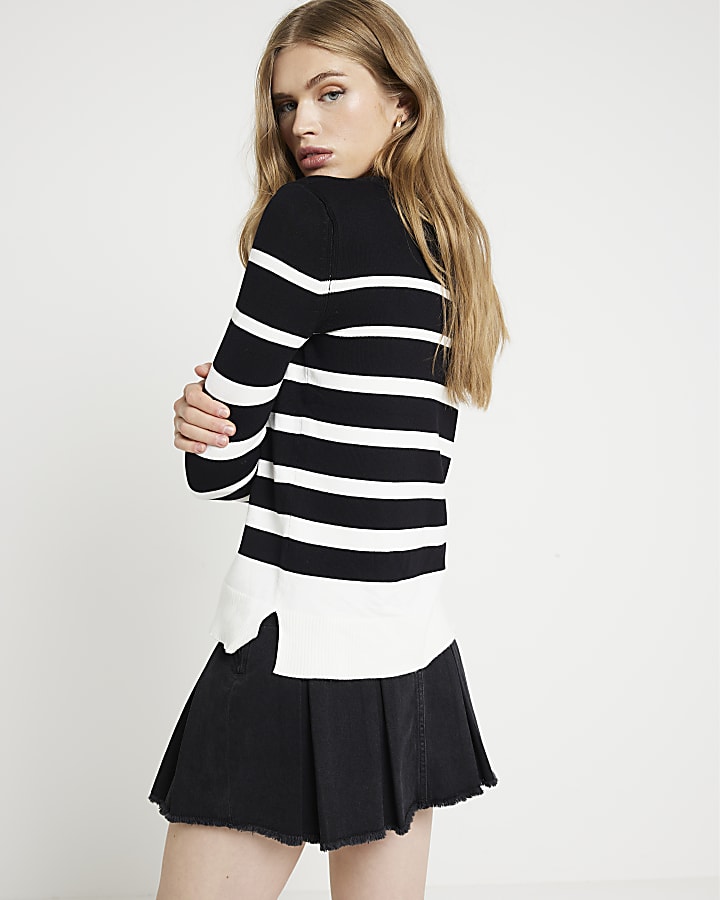 Black Fine Knit Stripe Long Sleeve Top