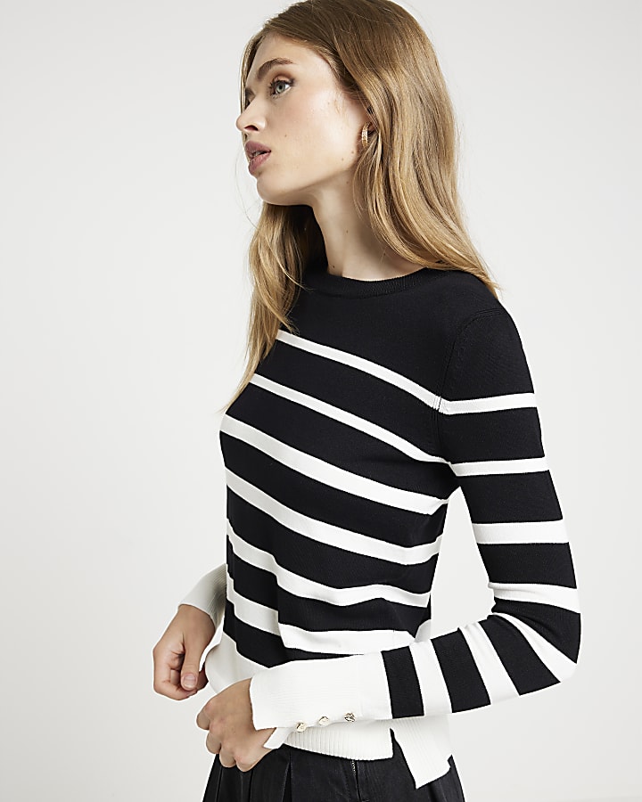 Black Fine Knit Stripe Long Sleeve Top