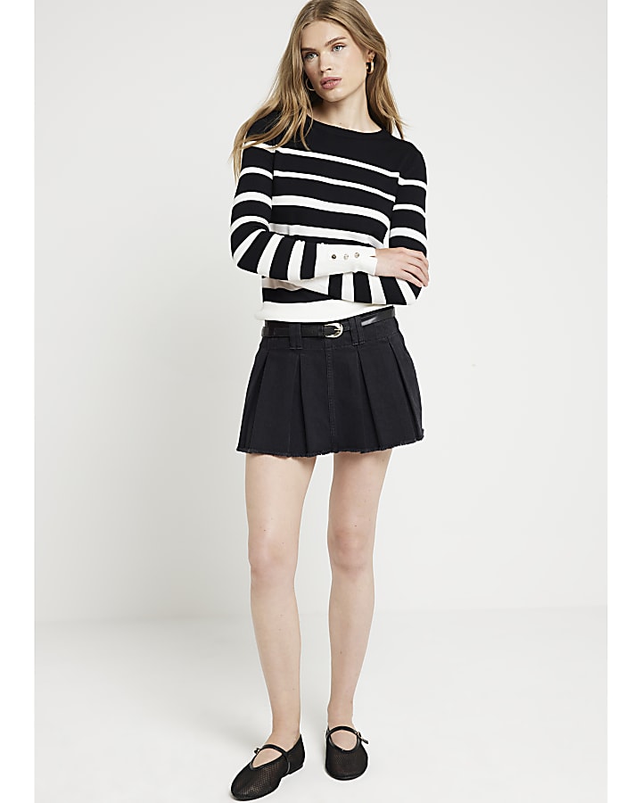 Black Fine Knit Stripe Long Sleeve Top