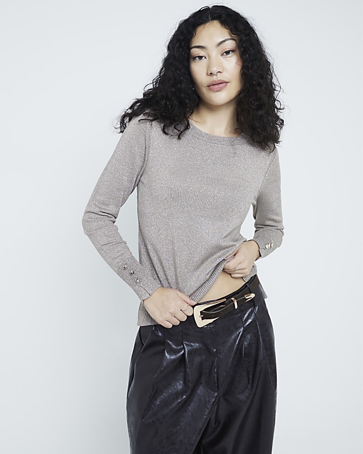Gold Fine Knit Glitter Long Sleeve Top