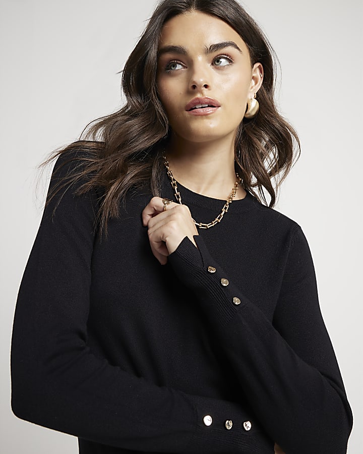 Black fine knit long sleeve top