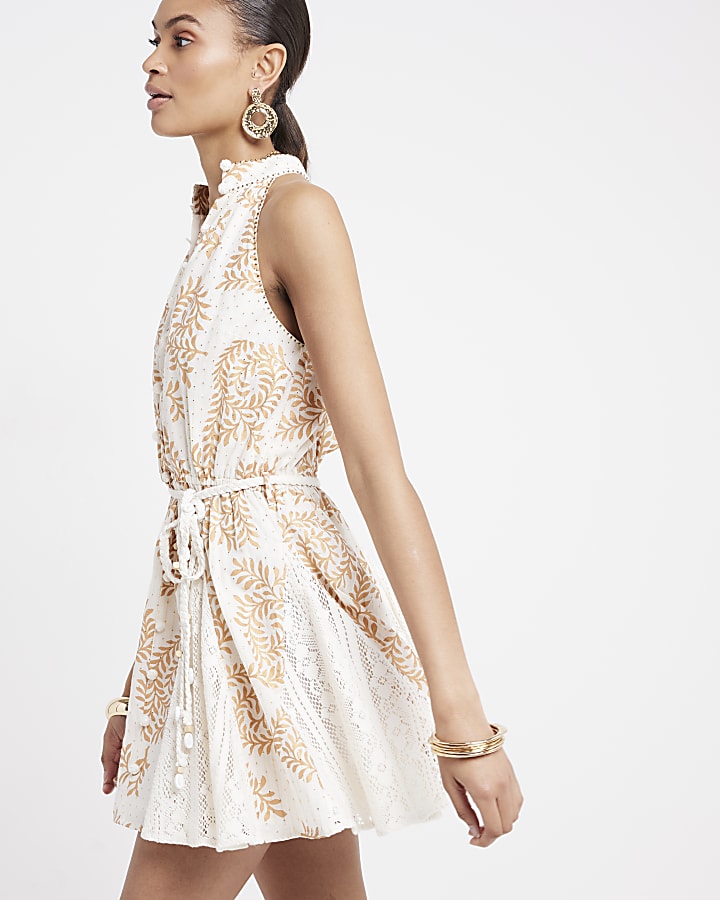 Cream glitter lace detail mini shirt dress