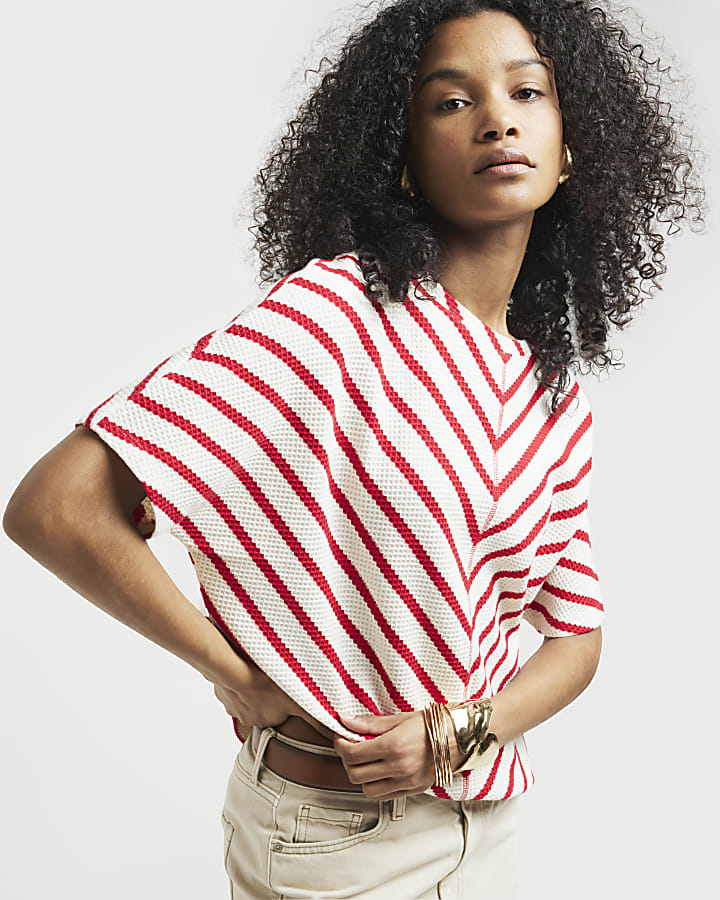 Red textured stripe t-shirt | River Island