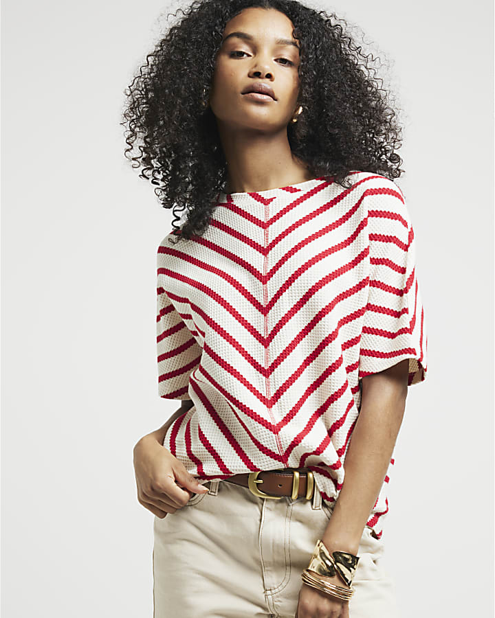 Red textured stripe t-shirt | River Island