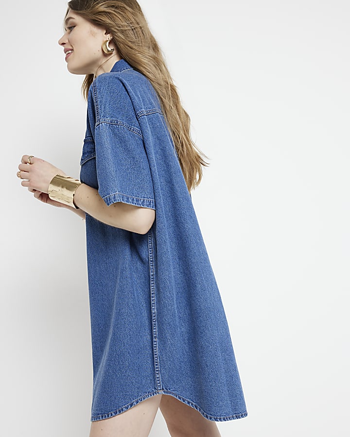 Blue denim mini shirt dress