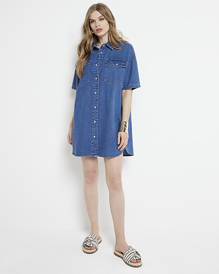 Blue denim mini shirt dress