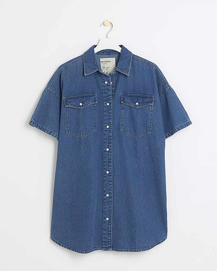 Blue denim mini shirt dress