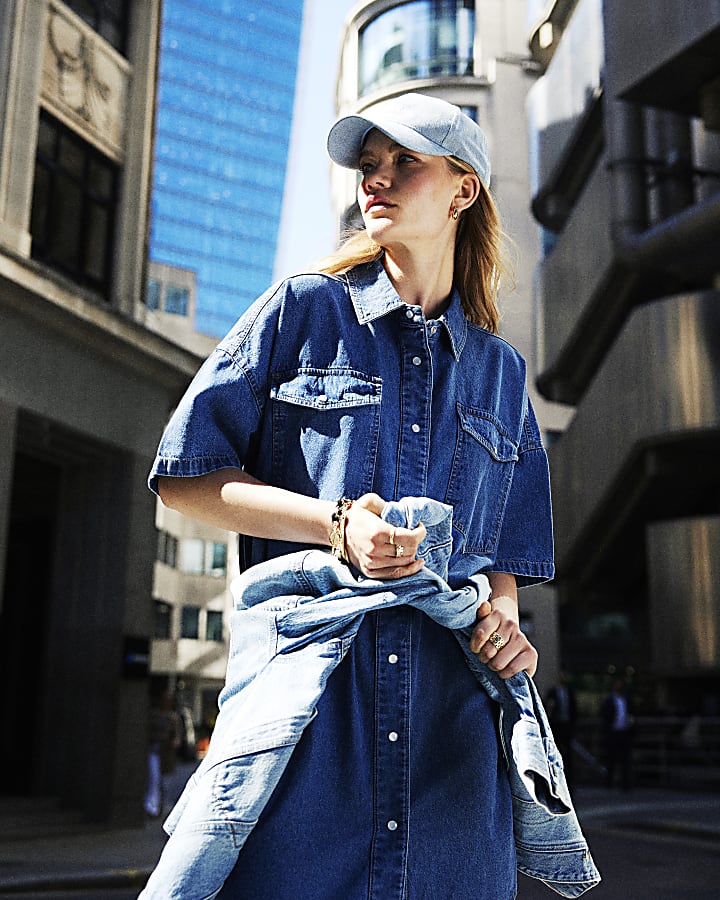 Blue denim mini shirt dress