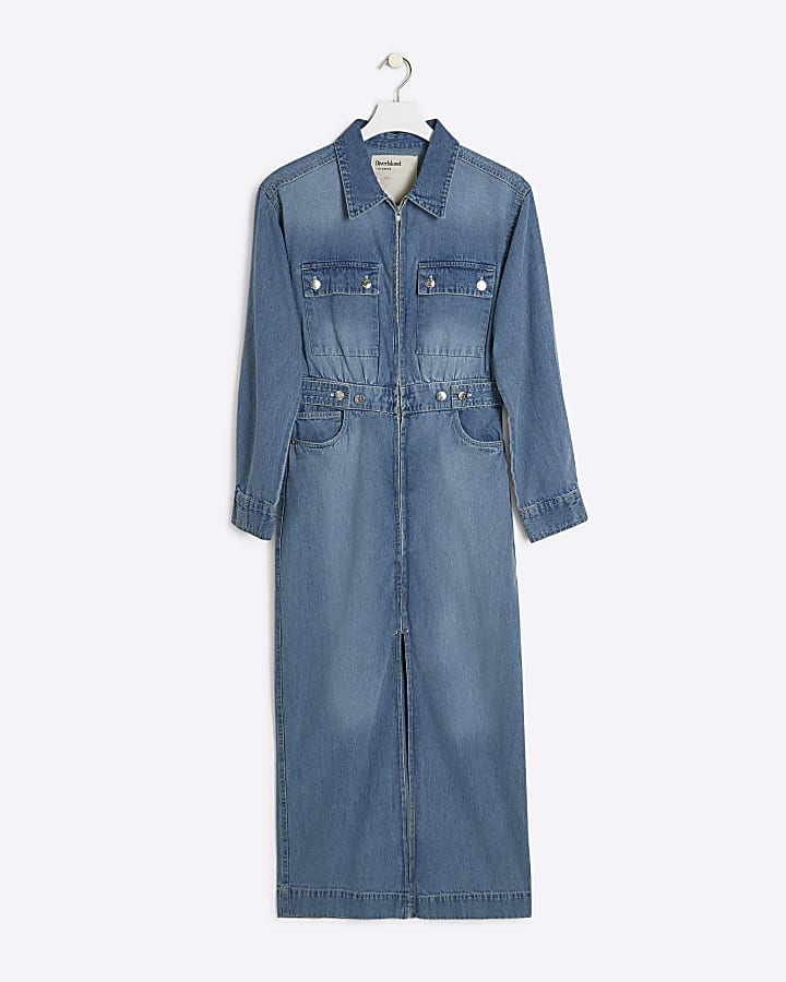 Blue denim zip up midi shirt dress