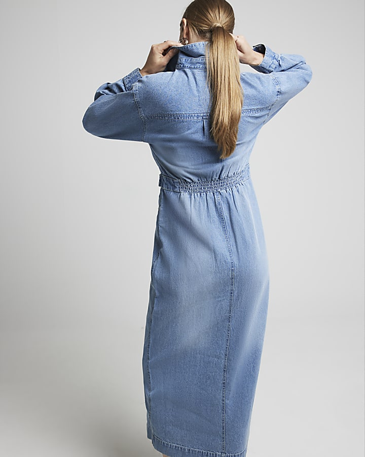 Blue denim zip up midi shirt dress