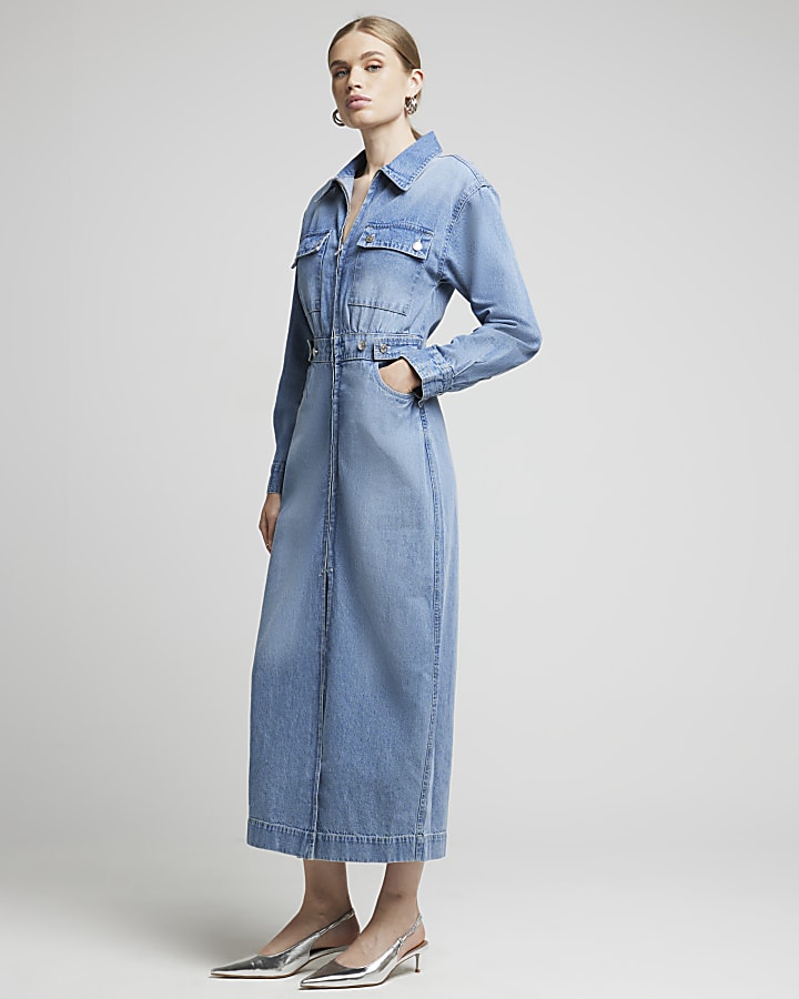 Blue denim zip up midi shirt dress