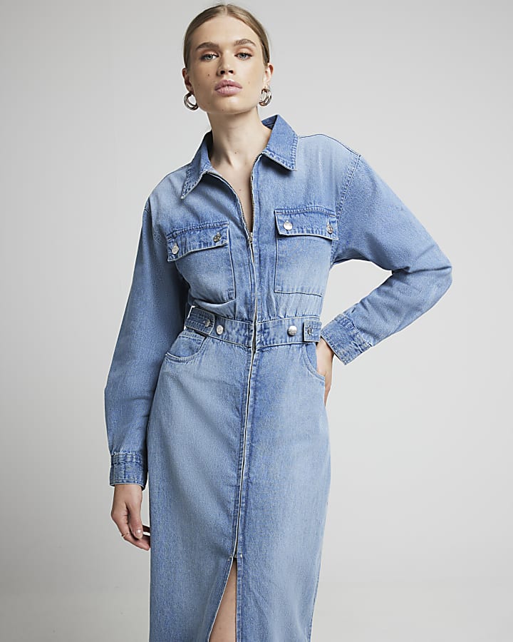 Blue denim zip up midi shirt dress