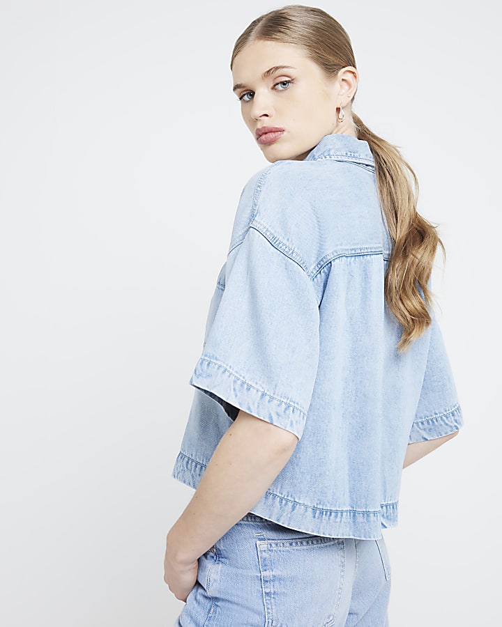 Blue Denim Cropped Boxy Shirt