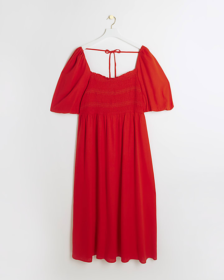 Plus Red shirred waisted midi dress