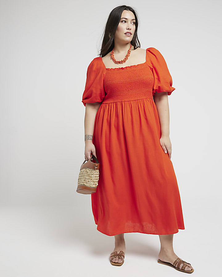 Plus Red shirred waisted midi dress