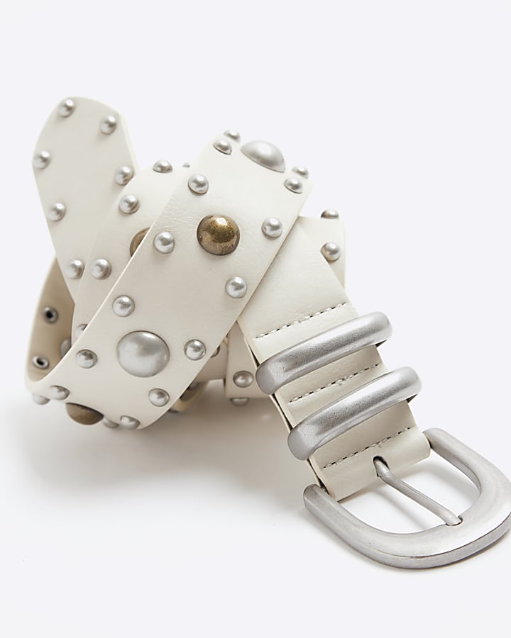 Beige Studded Buckle Belt