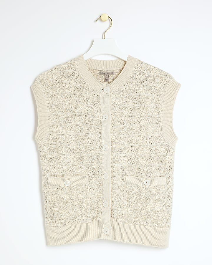 Cream crochet oversized sleeveless cardigan