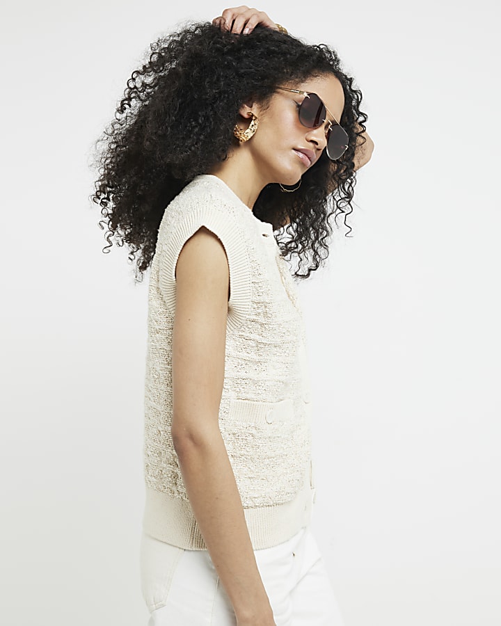 Cream crochet oversized sleeveless cardigan