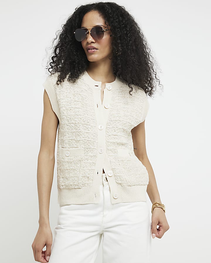 Cream crochet oversized sleeveless cardigan