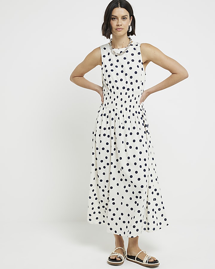 Cream linen blend spot smock midi dress