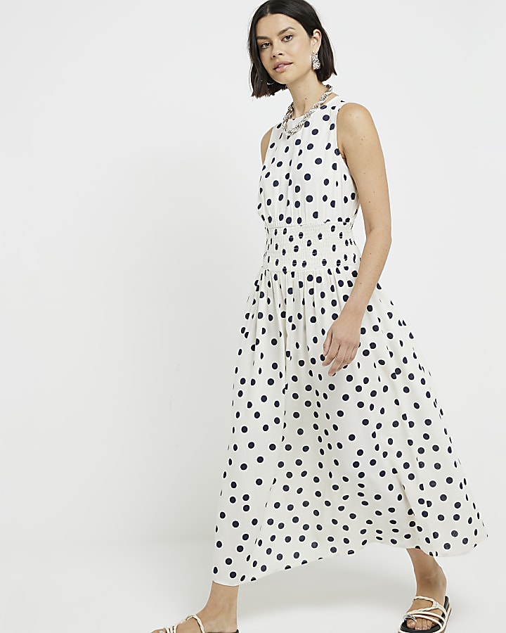 Cream linen blend spot smock midi dress