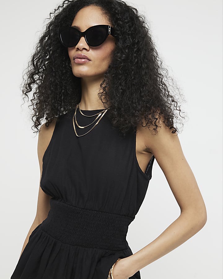 Black linen blend Waisted Smock Top