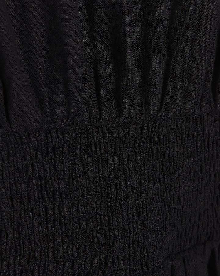 Black linen blend Waisted Smock Top