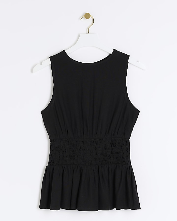 Black linen blend Waisted Smock Top