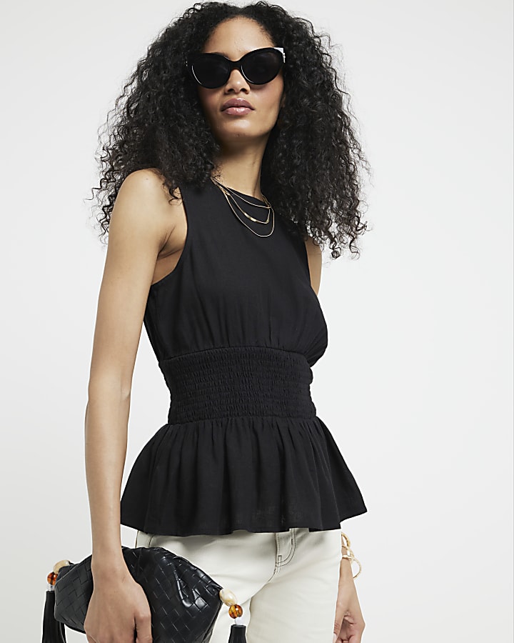 Black linen blend Waisted Smock Top